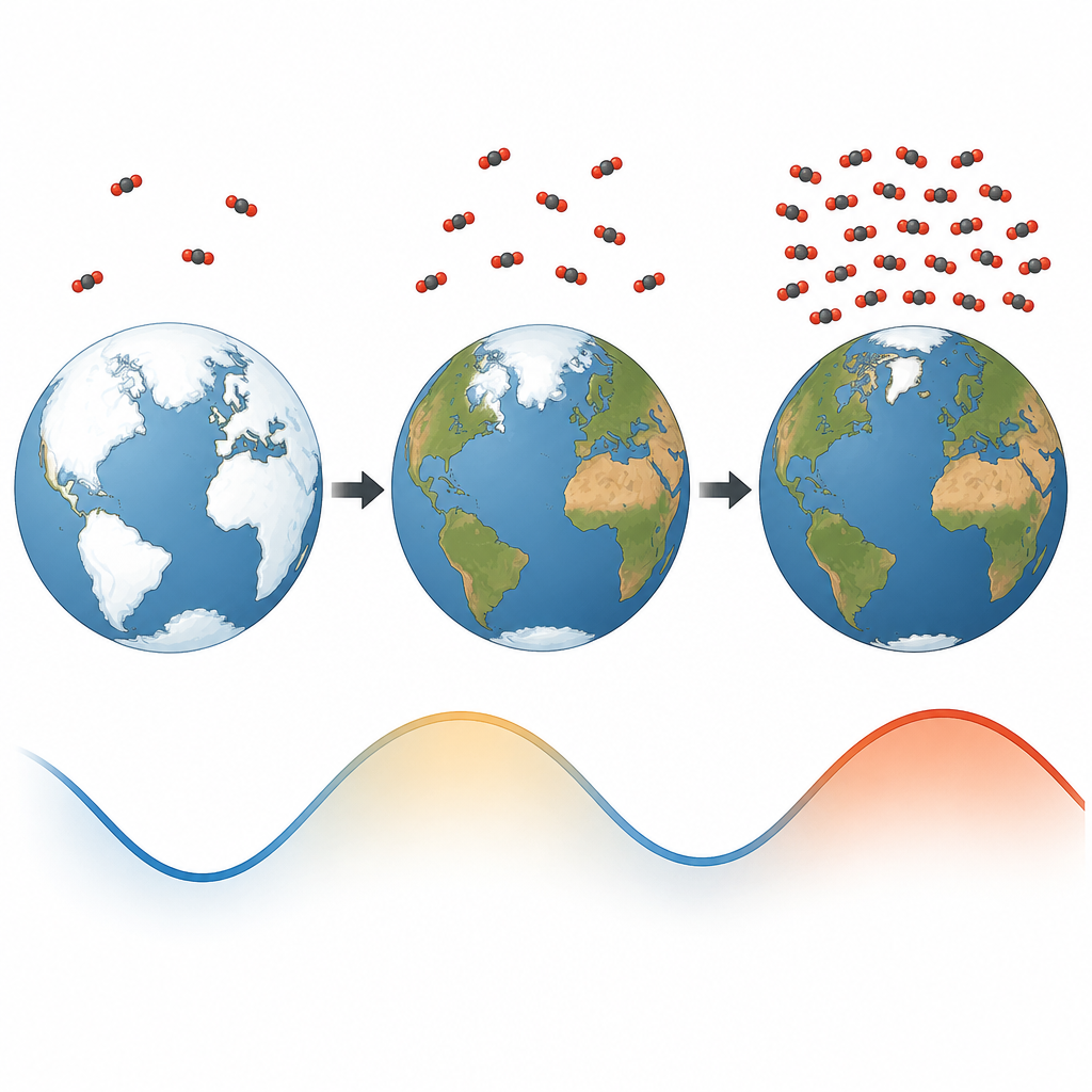 Figure 2. Шаг за шагом повышение CO2 и сокращение ледяных щитов превращают замерзший мир в более тёплый, тогда как орбитальные изменения играют второстепенную роль.