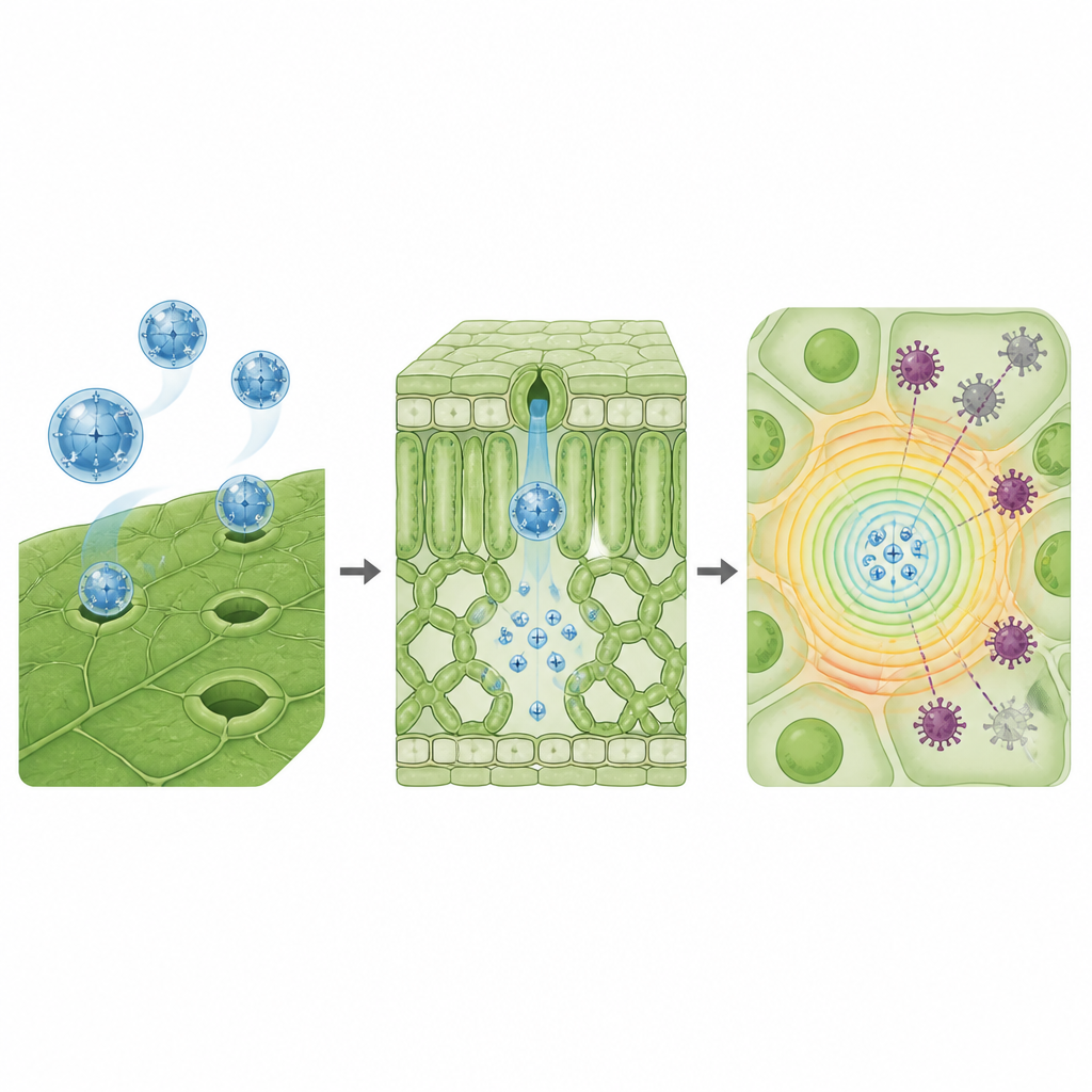 Figure 2. Nanogele dringen in Blätter ein, setzen Glutamat frei und aktivieren interne Pflanzenabwehrmechanismen, die Viren blockieren.