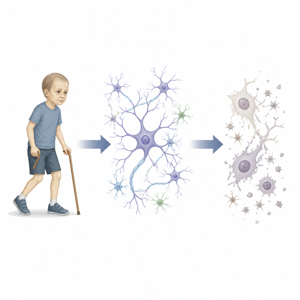 Figure 1. Hoe een enkele genetische fout de zenuwcellen van kinderen veel te vroeg doet verouderen en achteruitgaan.