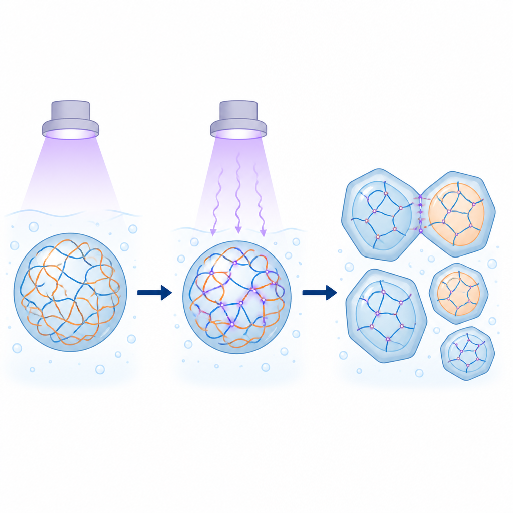 Figure 1. UV ışığı, yumuşak DNA bazlı damlacıkları daha katı, bölmeli parçacıklara çevirir ve bunların kaynaşmasını yavaşlatır.
