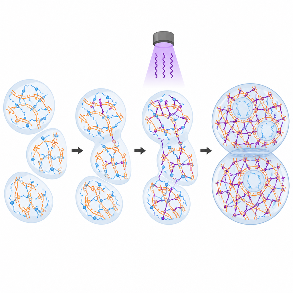 Figure 2. UV, DNA zincirlerini çapraz bağlayarak damlacıkların içten sertleşmesine neden olur; bu, temas etme, kaynaşma ve iç cepleri tutma biçimlerini değiştirir.