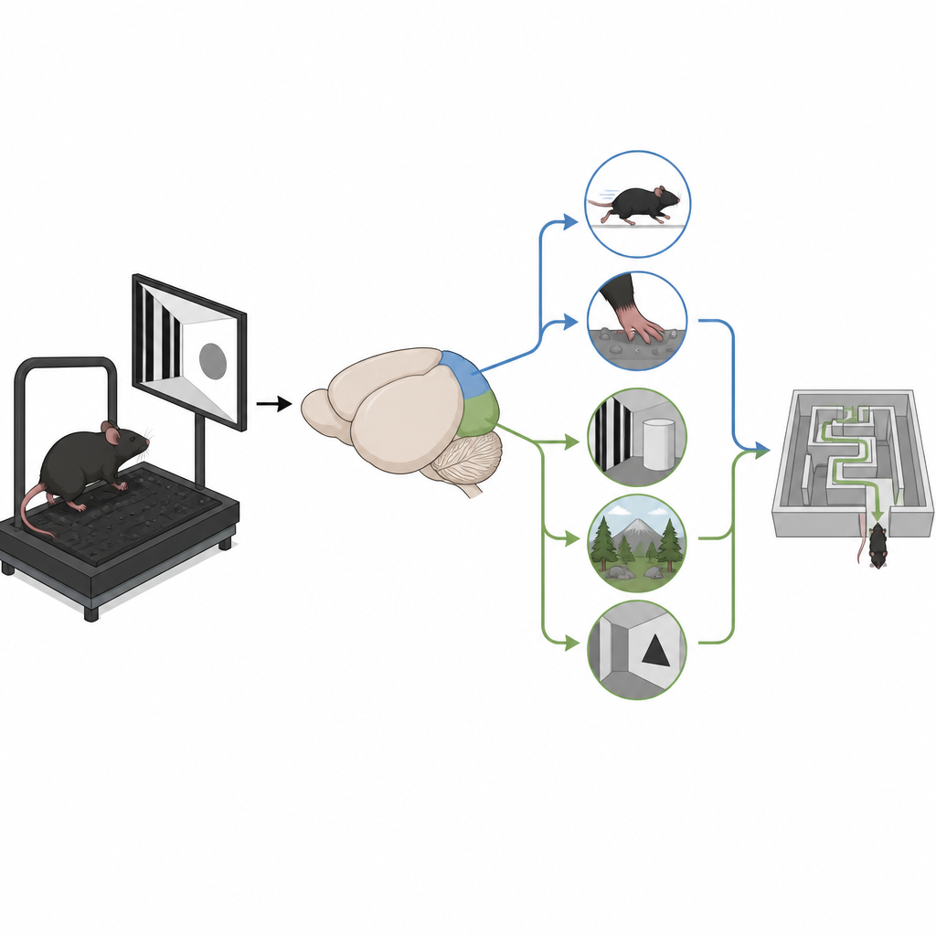 Figure 1. Las partes anterior y posterior de una región cerebral en el ratón colaboran para convertir lo que ven y cómo se mueven en una sensación de lugar.