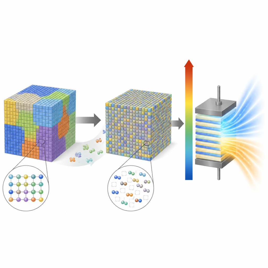 Figure 2. How mixing nanoscale regions and tuned defects inside a ceramic raises safe electric field, stored energy and efficiency.