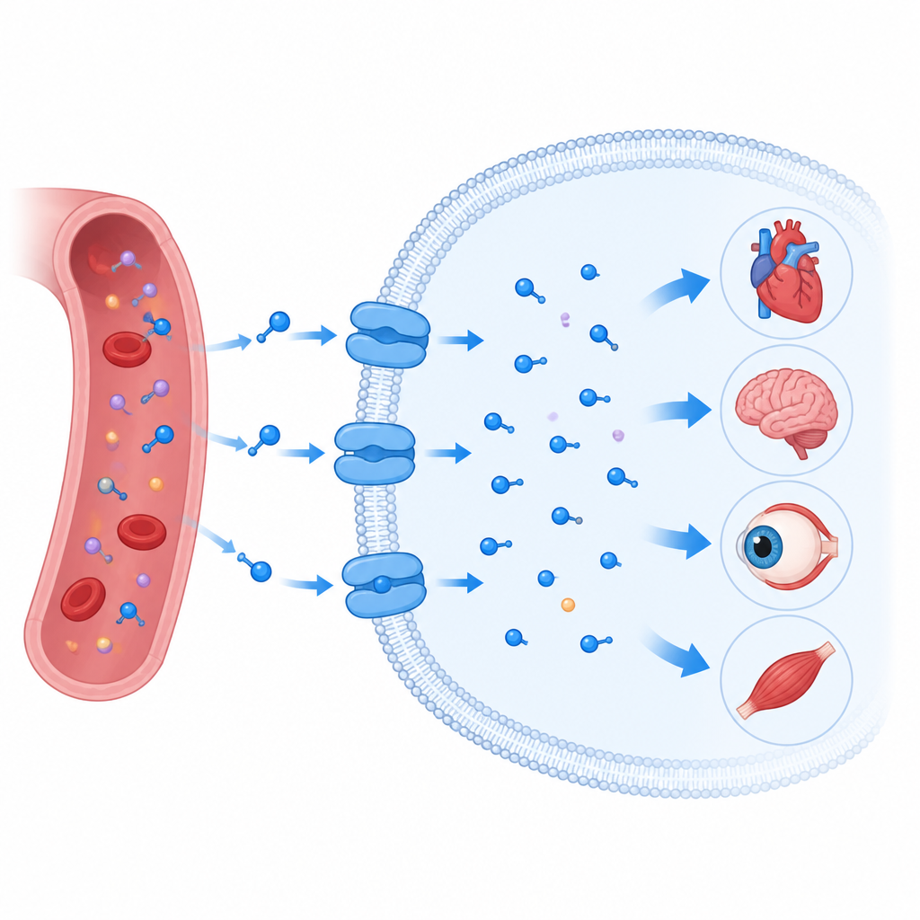 Figure 1. Come le cellule importano la taurina attraverso una piccola porta di membrana per sostenere la salute del cuore, del cervello, degli occhi e dei muscoli