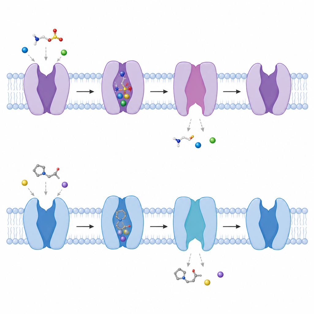 Figure 2. Visione passo dopo passo del trasportatore della taurina che cambia forma per muovere taurina, ioni e un analogo farmacologico attraverso la membrana