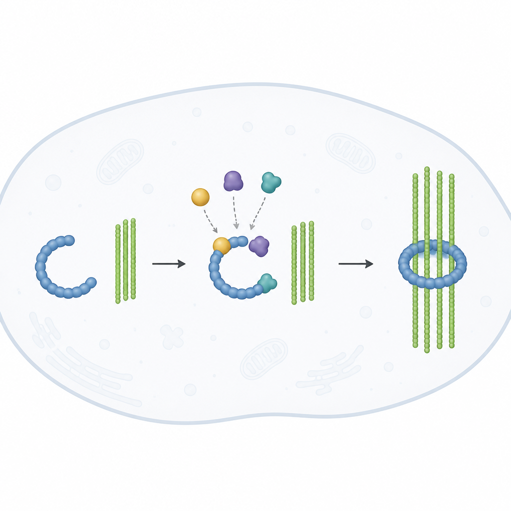 Figure 1. Bir yardımcı proteinin halka şeklindeki bir şablonu hücre içinde boşta olmaktan etkin hale nasıl geçirdiği ve böylece mikrotübül büyümesini nasıl başlattığı.