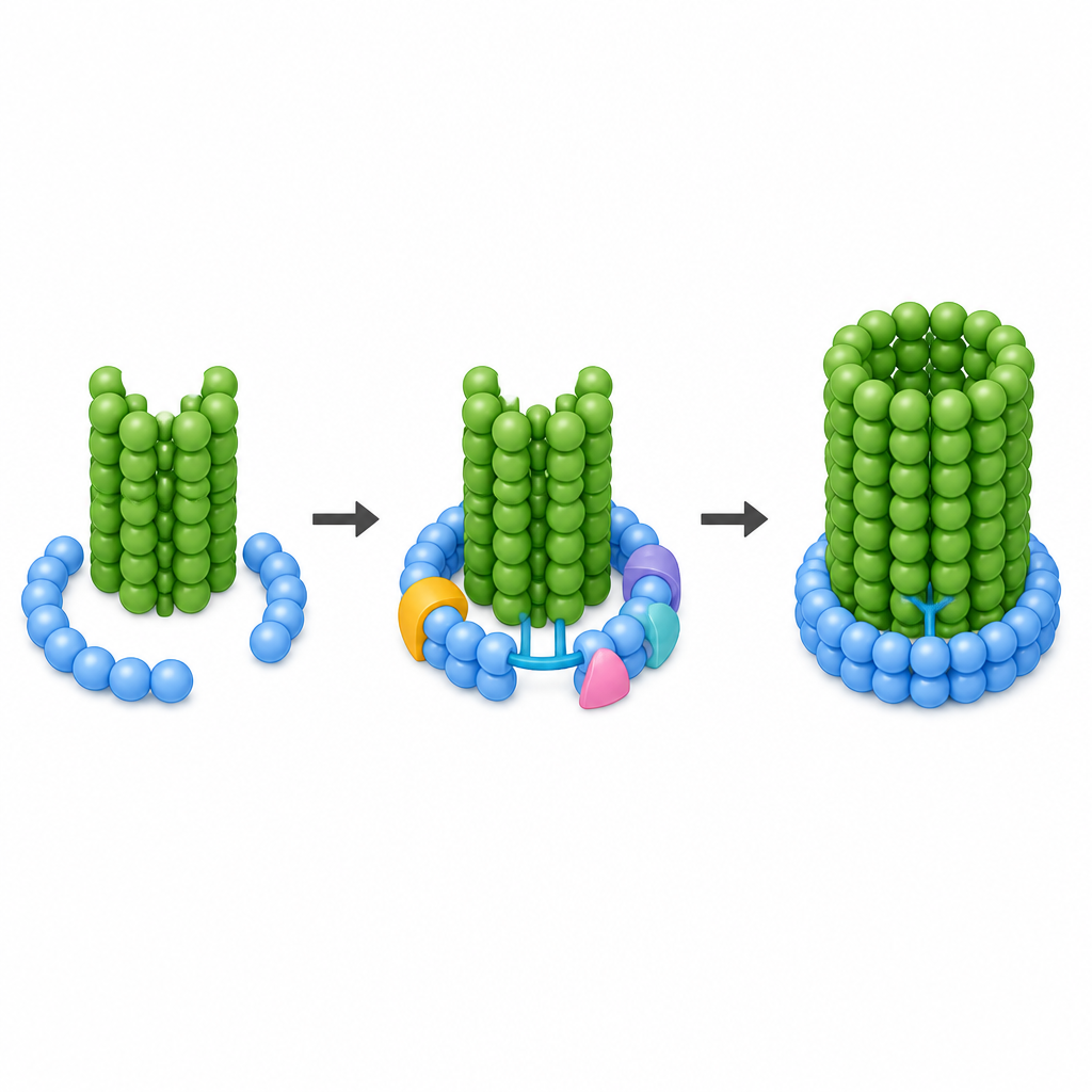 Figure 2. Açık bir protein halkasının adım adım sıkı bir şablona kapanması ve büyüyen bir mikrotübül tabanına kilitlenmesi süreci.