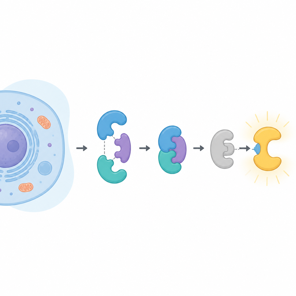 Figure 1. Come una coppia di proteine ausiliarie rimodella un partner per attivare un enzima chiave del controllo cellulare.