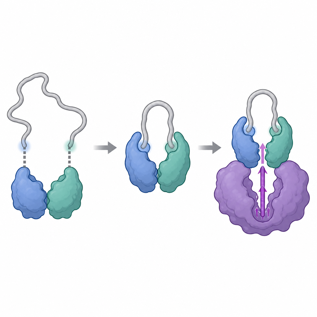 Figure 2. Visione graduale di uno scaffold che piega una proteina partner per bloccare e attivare l’anello centrale di un enzima.