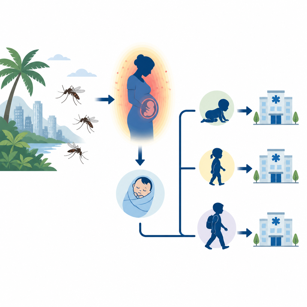 Figure 1. Jak choroba przenoszona przez komary w czasie ciąży może zwiększać prawdopodobieństwo hospitalizacji dziecka we wczesnym dzieciństwie.