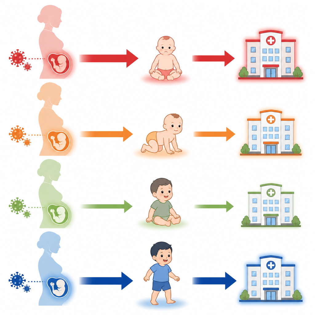 Figure 2. Jak moment zakażenia w ciąży zmienia drogę zdrowotną dziecka od urodzenia do kolejnych wizyt szpitalnych.