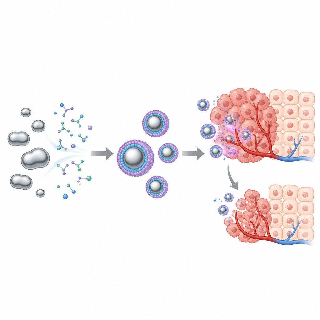 Figure 1. Nanoparticelle a base di metallo liquido agiscono come piccoli enzimi per attaccare selettivamente la chimica tumorale.
