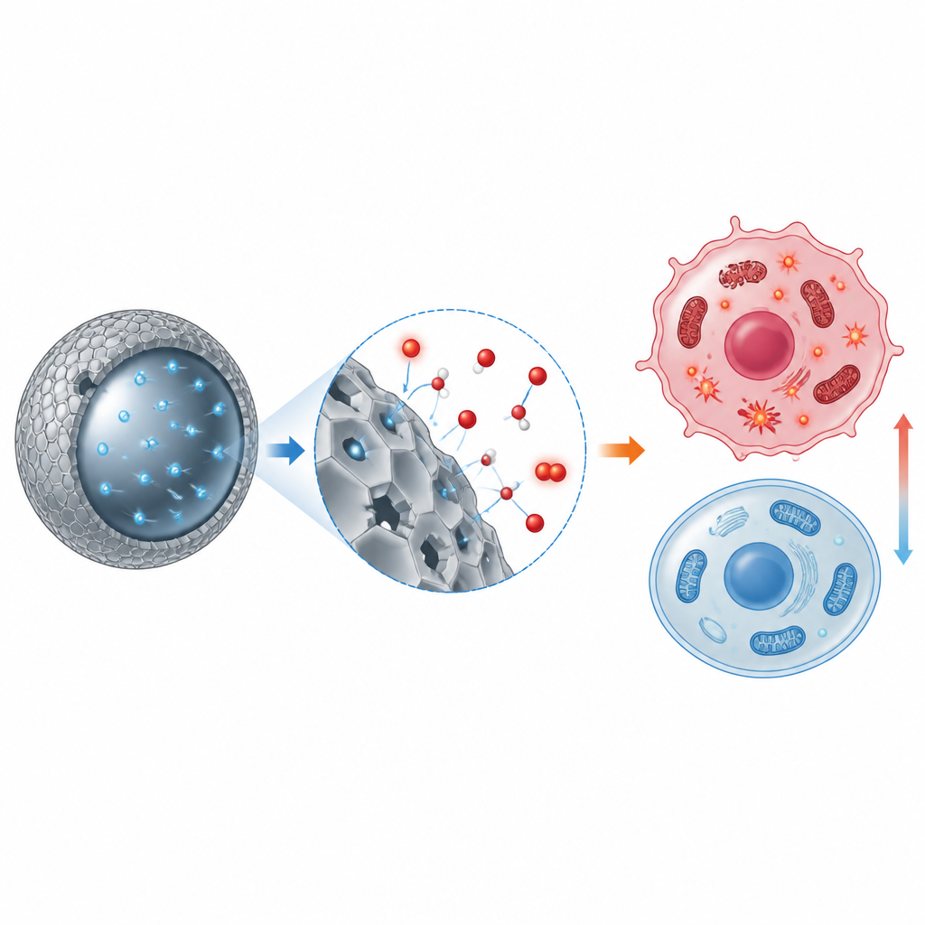 Figure 2. Gusci nanozima ricchi di elettroni e disordinati guidano reazioni a tappe che sommergono le cellule tumorali di molecole reattive.