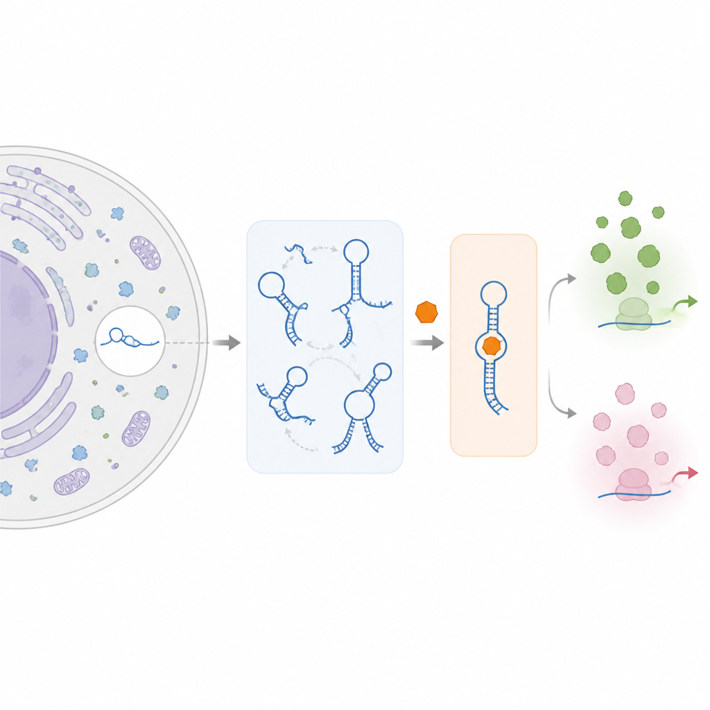 Figure 1. Uma pequena molécula medicamentosa induz formas flexíveis de RNA nas células, deslocando-as para uma conformação favorecida que altera a produção de proteínas.