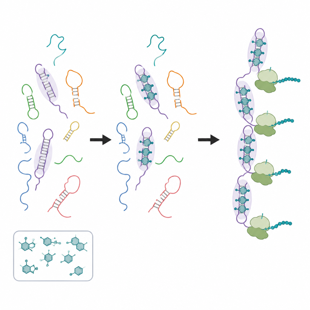 Figure 2. Moléculas fármaco ligam-se a segmentos de RNA ricos em GC e convertem um conjunto misto de dobras de RNA em um estado mais ordenado que aumenta a atividade dos ribossomos.