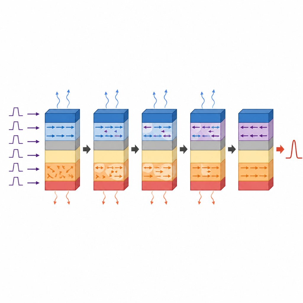 Figure 2. 短い電流パルスが磁性層を再配列し、多様なシナプス状態と高速スパイク性ニューロン挙動を生み出す仕組み。