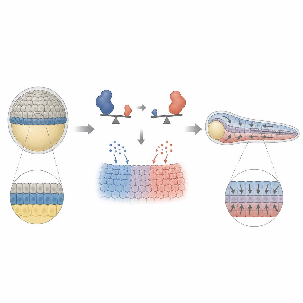 Figure 1. Jak zmiana równowagi molekularnej we wczesnym zebrafish pomaga zdecydować, kiedy maleńkie ciało zaczyna się wydłużać.