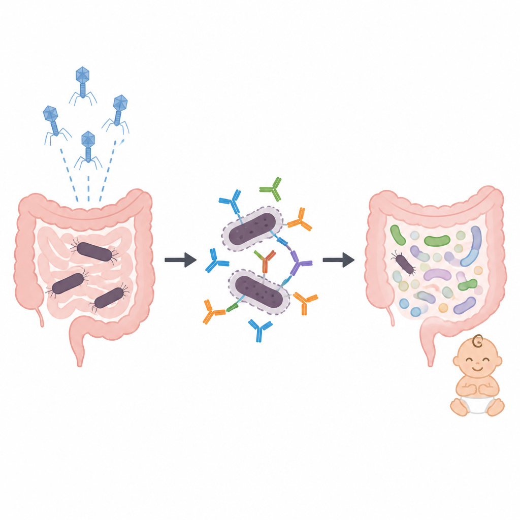 Figure 1. ファージ、抗体、プロバイオティクスが協働して母体の腸から危険なE. coliを除去する仕組み。