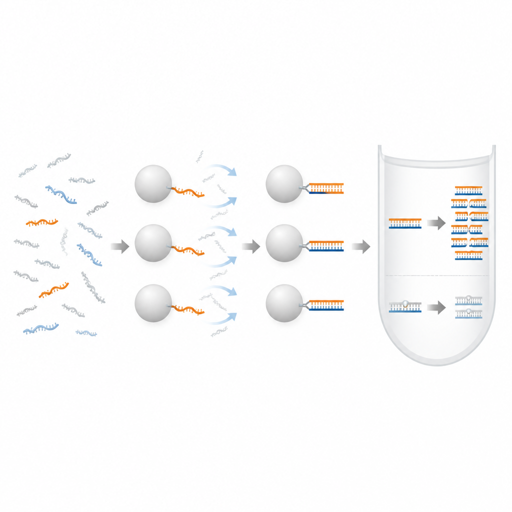 Figure 2. Visione passo dopo passo di perle che catturano microRNA target e producono segnali PCR più forti rispetto a molecole simili