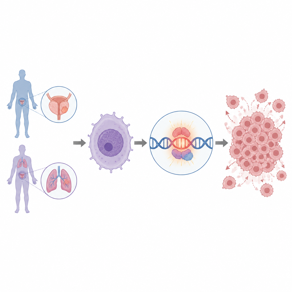 Figure 1. RNA dat alleen in tumoren voorkomt bij prostaat- en longkanker verhoogt een sleutelgroeigen en helpt tumoren agressiever te worden.