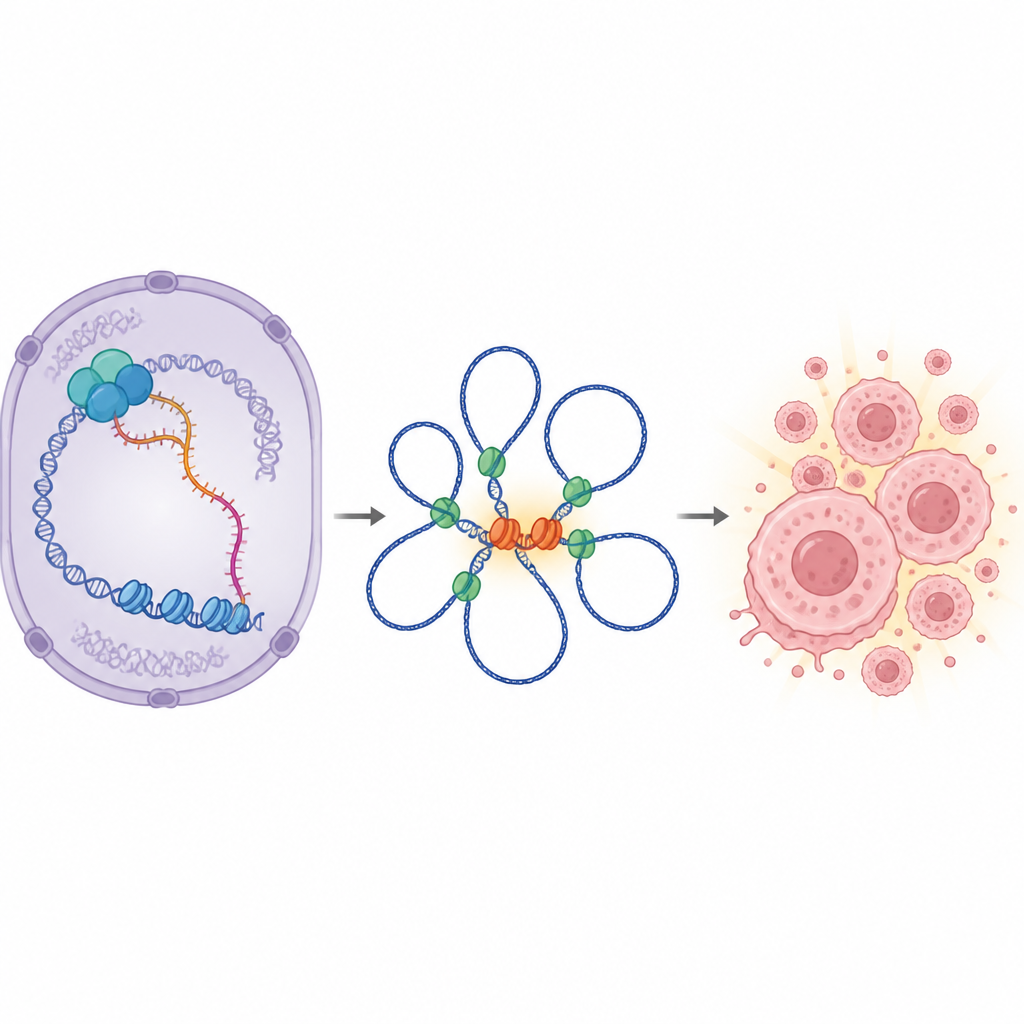 Figure 2. Tumor-RNA fungeert als een brug die verre DNA-schakelaars naar het MYC-gen trekt, waardoor de activiteit ervan en de kankerceldeling toenemen.
