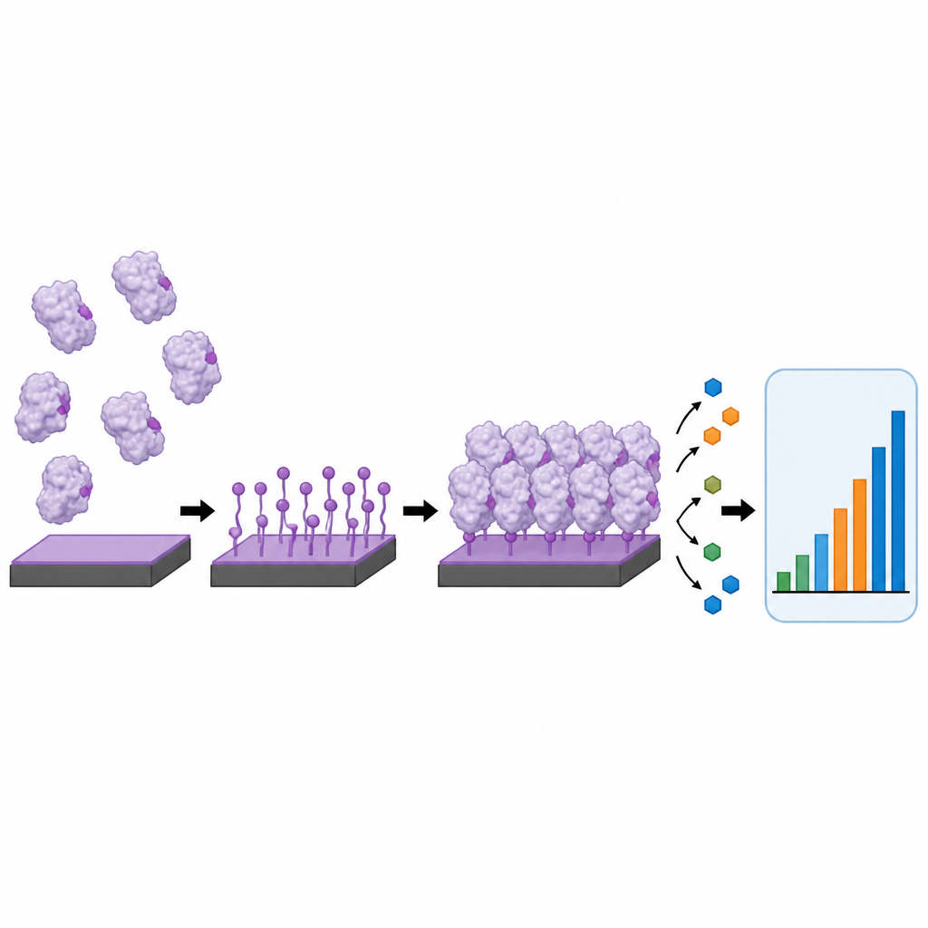 Figure 2. Come le proteine si ancorano a una superficie elettrodica in uno strato ordinato per trasformare segnali immunitari nascosti in letture elettriche.