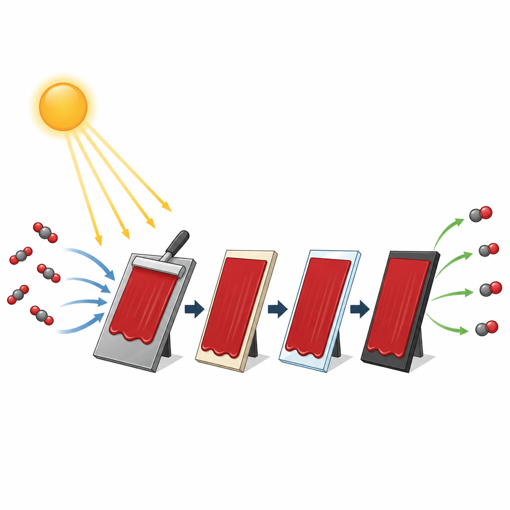 Figure 1. Sunlight hits a red liquid coating on tilted panels, turning incoming CO2 gas into outgoing product gas.