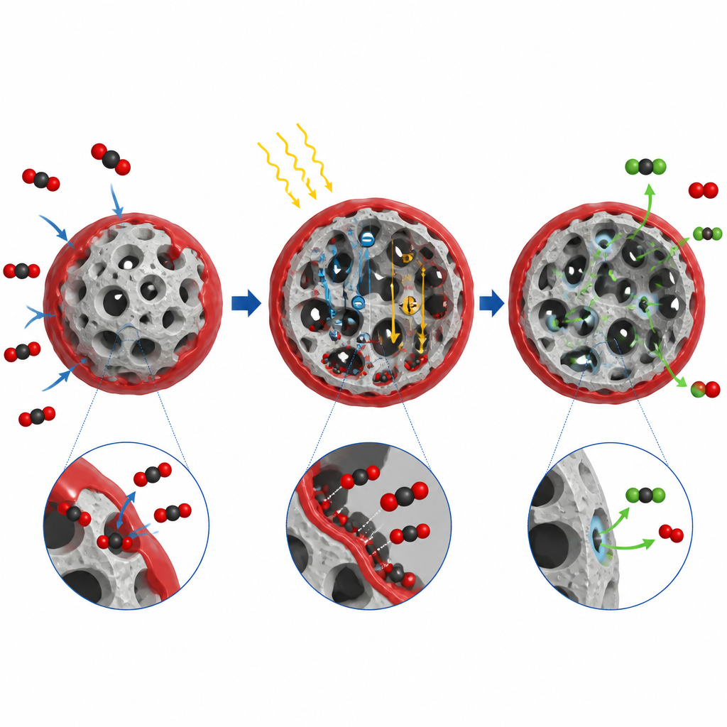 Figure 2. Zoomed-in porous particle with a red shell pulls in CO2 and channels charges at the interface to release product gas.
