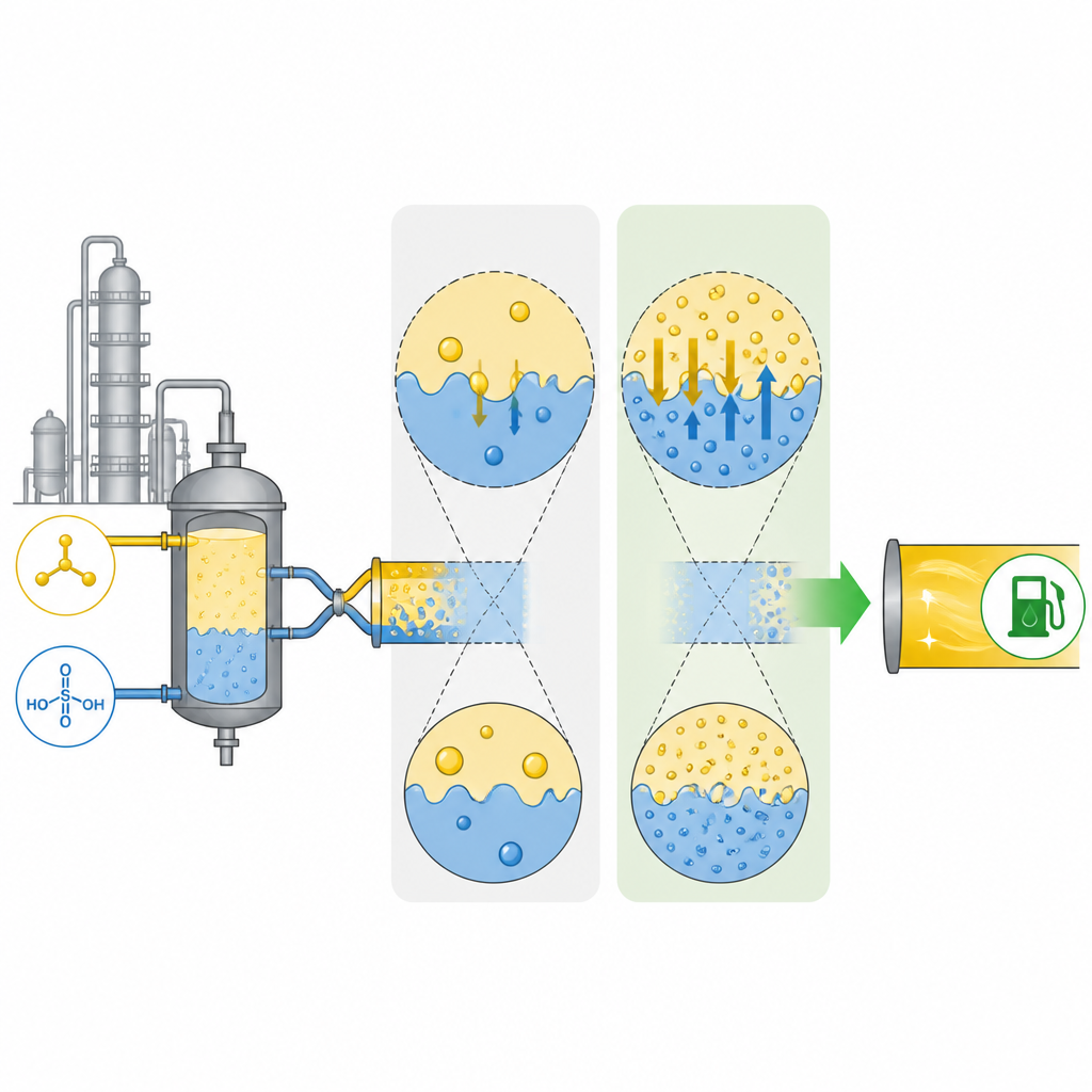 Figure 1. W jaki sposób dostosowane dodatki na granicach ciekłych umożliwiają rafineriom produkcję większej ilości paliwa o wysokiej liczbie oktanowej przy użyciu tych samych jednostek alkilacyjnych.