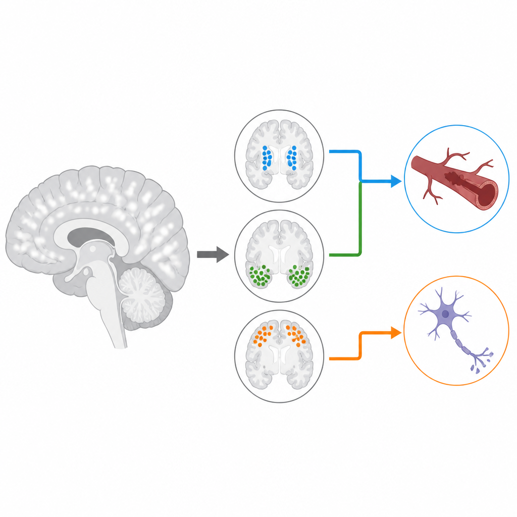 Figure 1. Different bright spots in brain scans can signal blood vessel damage or nerve fiber loss in distinct regions.