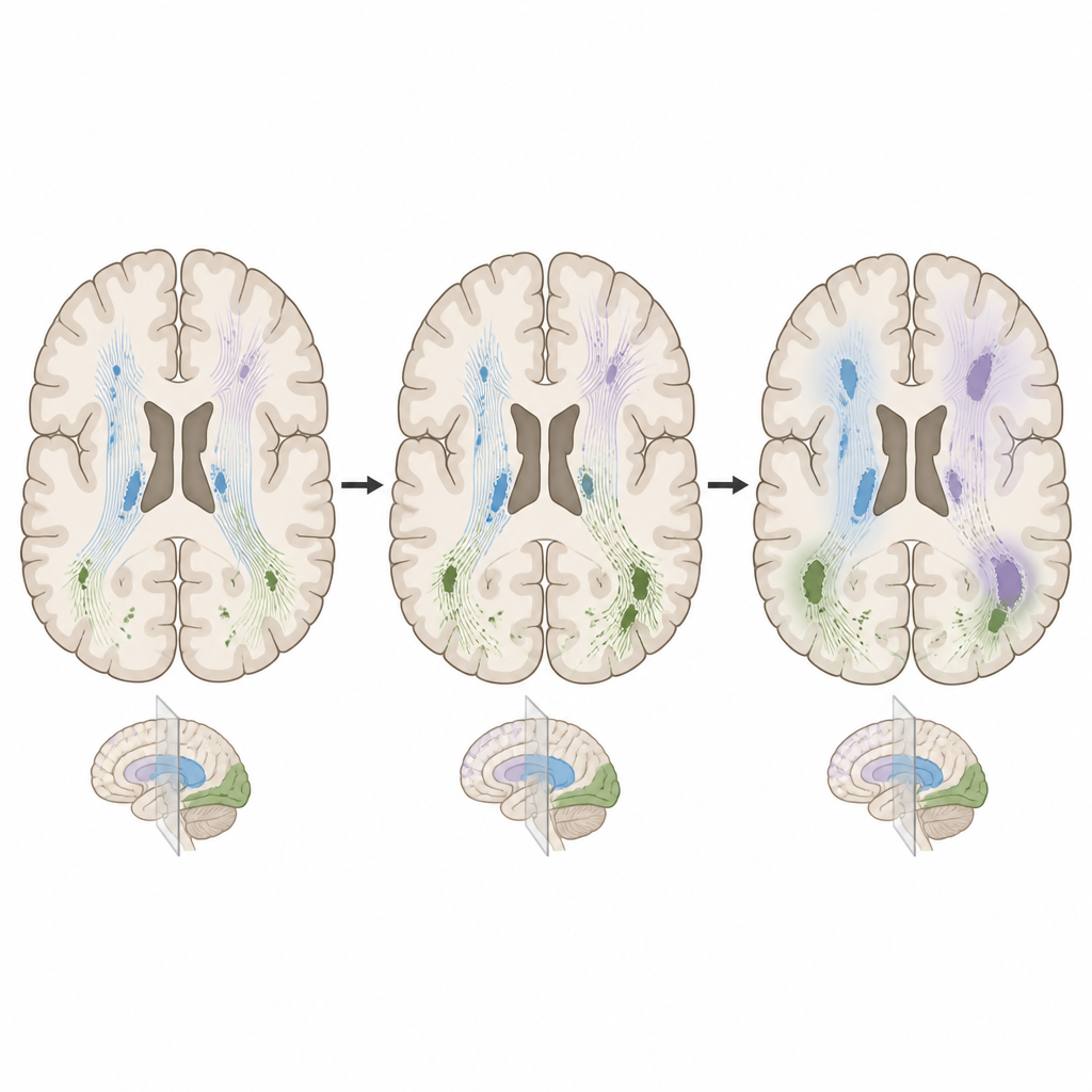 Figure 2. Back-of-brain white matter spots show a pattern of fiber disruption linked to tau-vulnerable cortical regions.