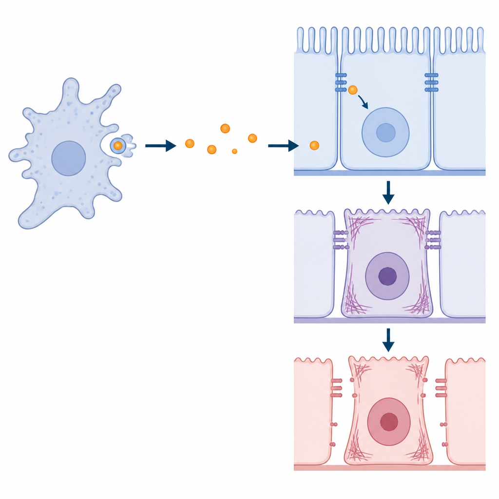 Figure 2. Come una proteina parassitaria entra nelle cellule intestinali e, passo dopo passo, altera la loro struttura interna e la funzione di barriera