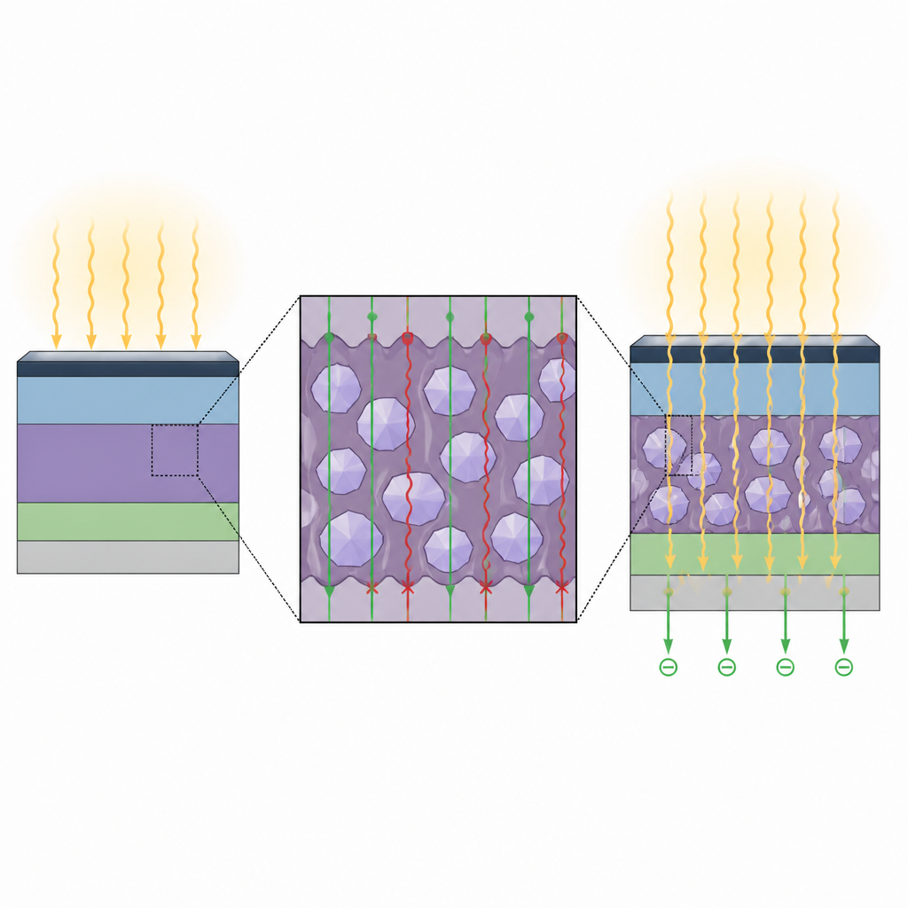Figure 2. 展示氧化锑薄膜内微小晶体如何在允许更多光通过的同时引导电荷。