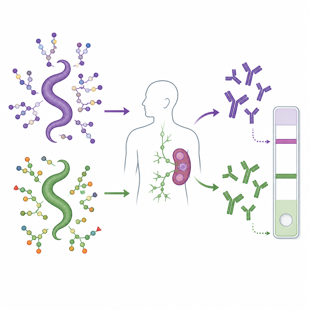 Figure 1. Des revêtements glucidiques différents chez les vers modifient la façon dont notre système immunitaire détecte l’infection et orientent de meilleurs tests diagnostiques.