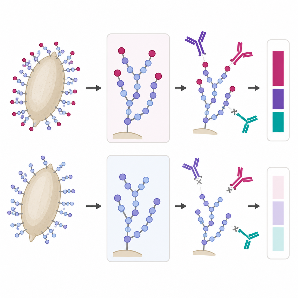 Figure 2. Zoom sur les sucres de la surface des œufs révélant des unités acides particulières qui attirent davantage certains anticorps chez une espèce de ver.