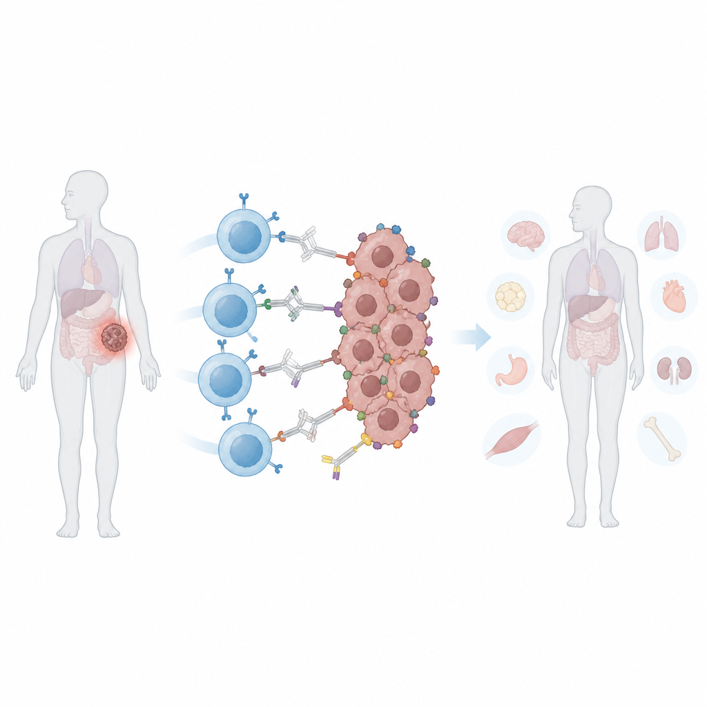 Figure 1. Programmeervolle immuuncellen, geleid door getagde antilichamen, concentreren hun aanval op solide tumoren terwijl ze nabijgelegen gezond weefsel sparen.