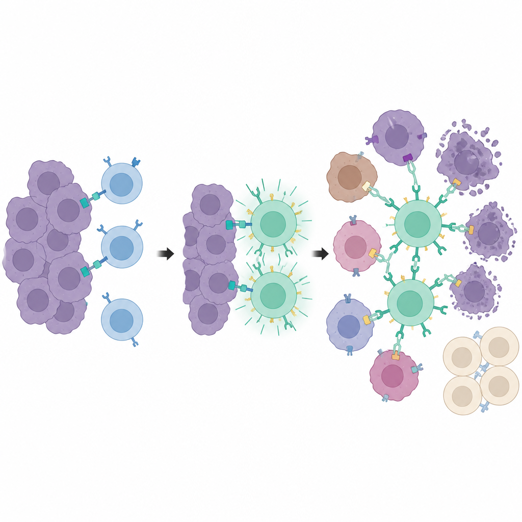 Figure 2. Lokaal geprimede tumorcellen scholen gemodificeerde T-cellen, die zich vervolgens door de tumor verspreiden om diverse kankerceltypes veilig uit te schakelen.