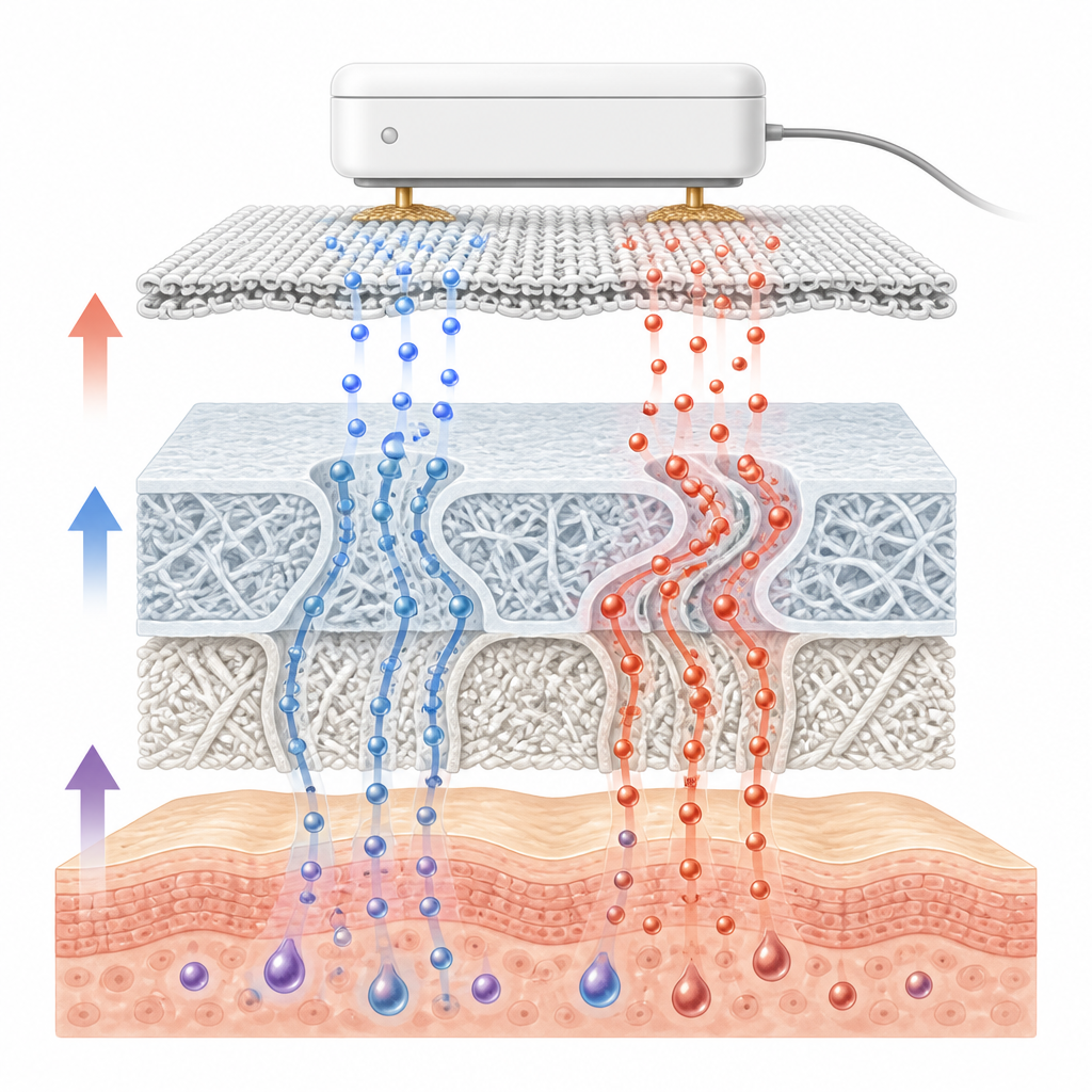 Figure 2. Sweat moves through fabric channels, ions separate in a thin layer, and their flow generates electrical power