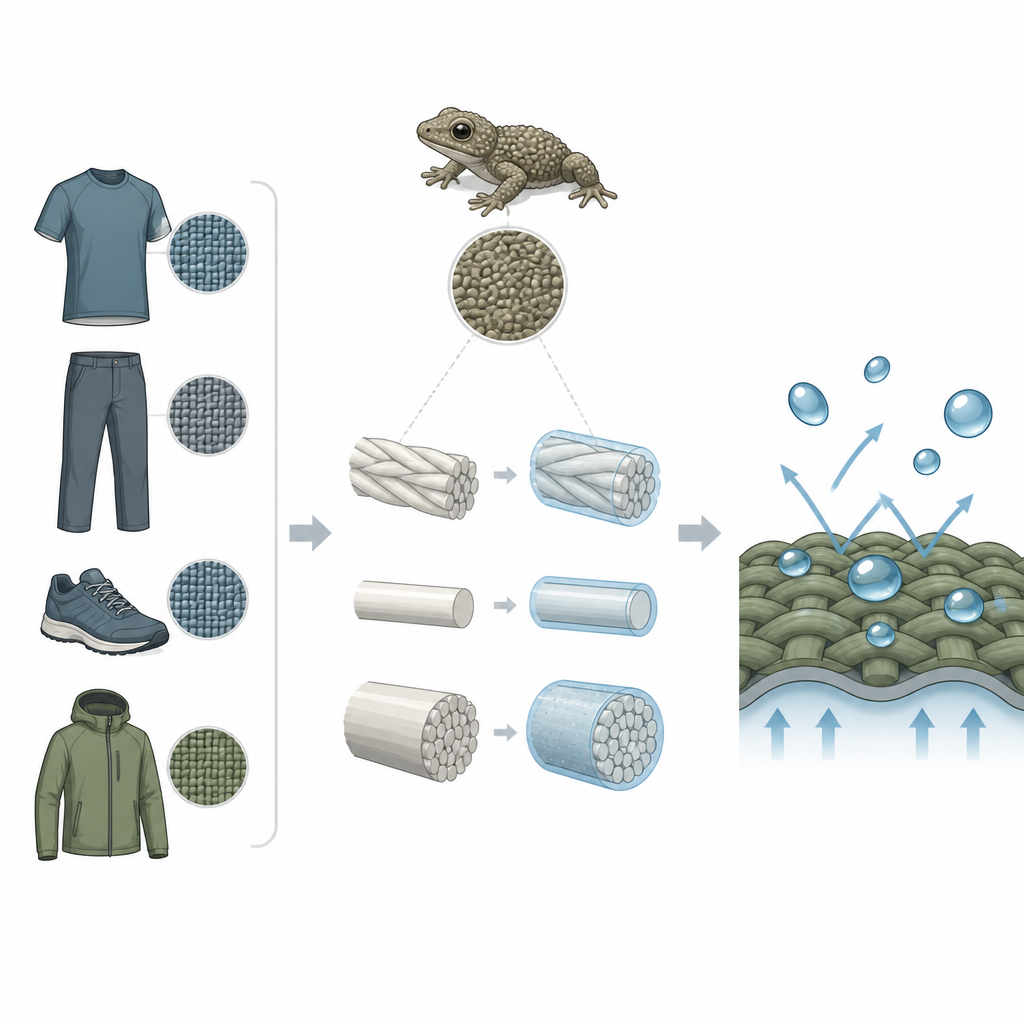 Figure 1. Jak nowe pokrycie na poziomie włókna utrzymuje codzienne tkaniny suche, wytrzymałe i przepuszczalne dla powietrza bez chemikaliów zawierających fluor.