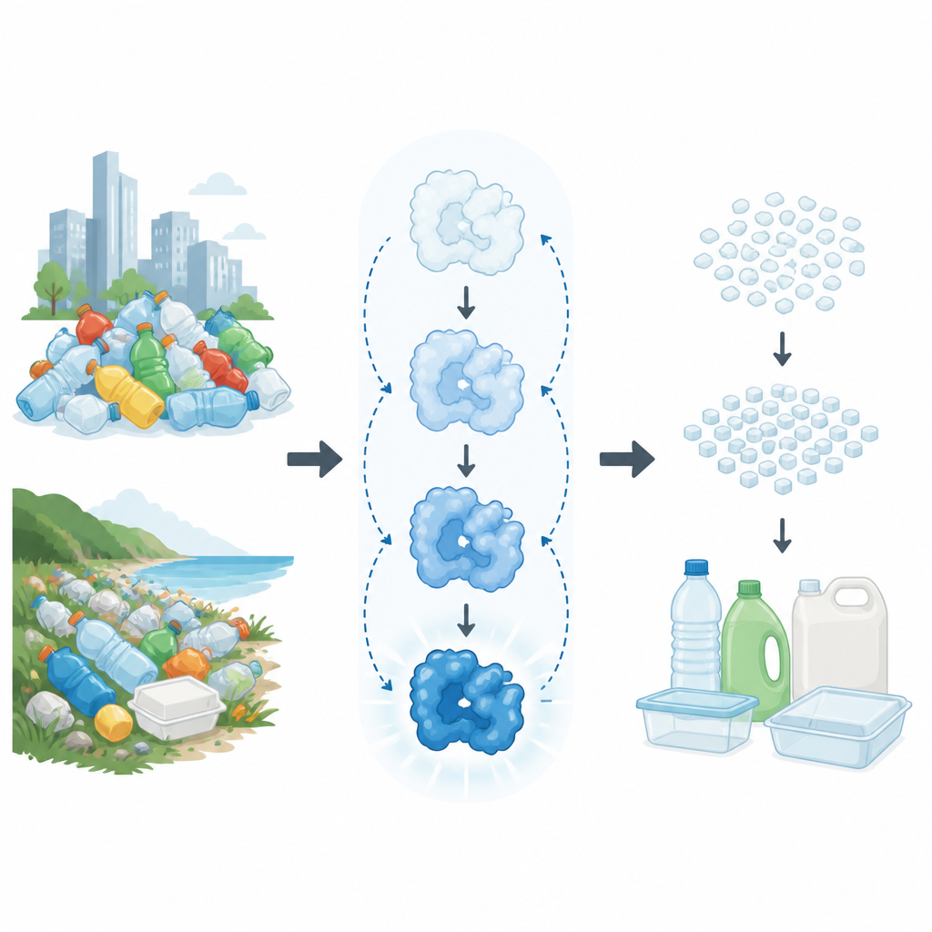 Figure 1. How a redesigned enzyme helps turn PET plastic waste back into usable building blocks.