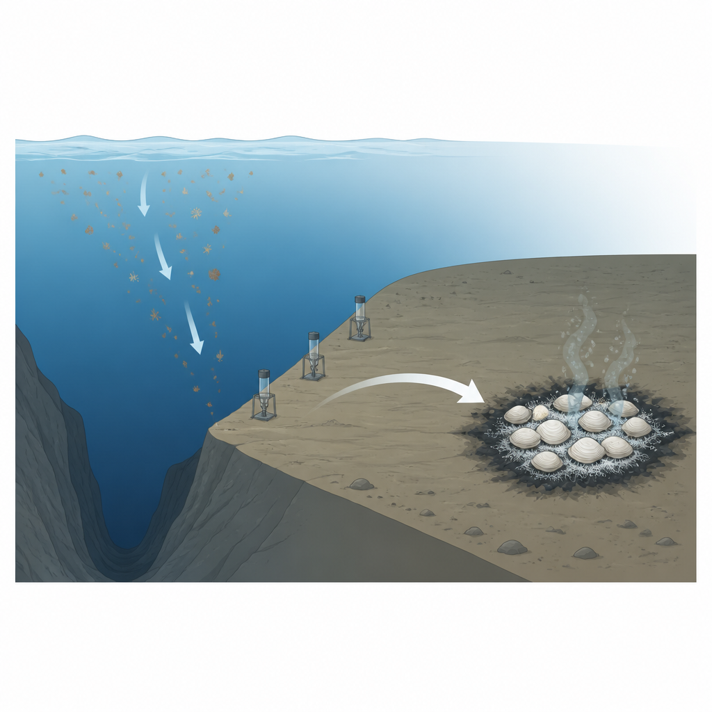 Figure 1. الميكروبات في قاع البحر العميق تتحول من تغذية على الحطام الساقط إلى استخدام الطاقة الكيميائية في واحة خبأة من النبع البارد.