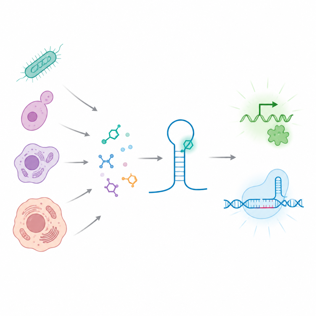 Figure 1. Uppgraderade små molekyler ger RNA-brytare starkare, säkrare kontroll över gener i bakterier och humana celler.