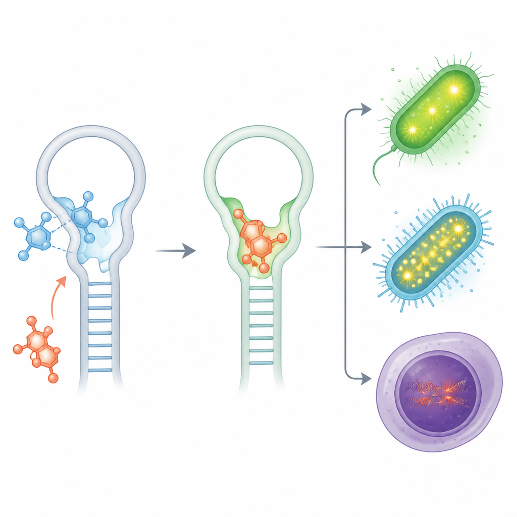 Figure 2. Nya ligander binder en RNA-brytare tajtare, vilket ger större förändringar i genuttryck och mer effektiv CRISPR-redigering.