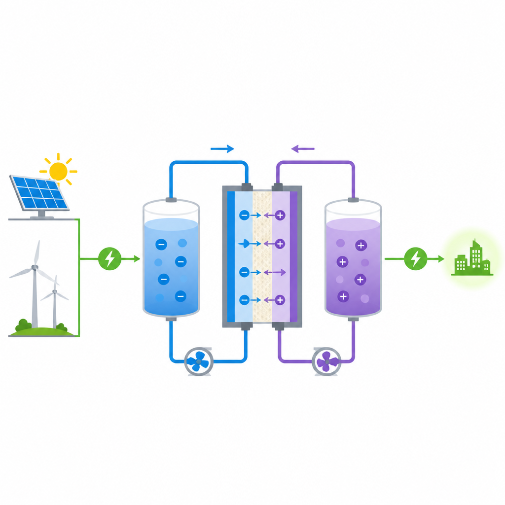 Figure 1. Liquidi bilanciati in una batteria a flusso controllano gli ioni e stabilizzano lo stoccaggio di energia su larga scala per molti cicli di carica.