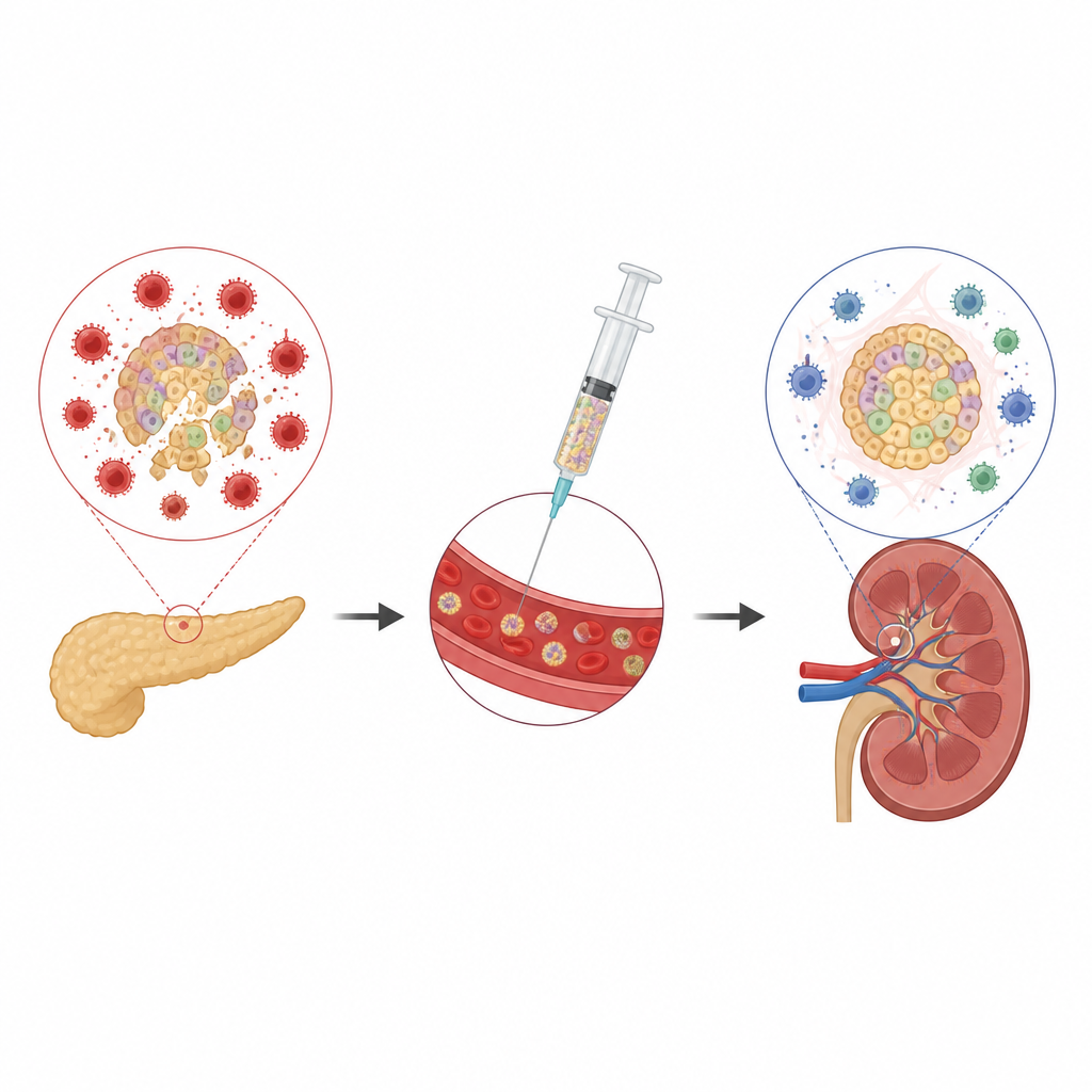 Figure 1. Terapia nanopartiklami uczy układ odpornościowy tolerować przeszczepione komórki produkujące insulinę w cukrzycy.