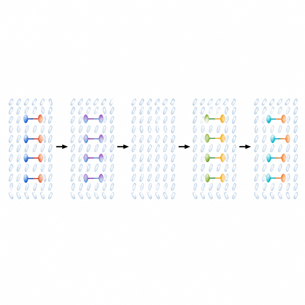 Figure 2. 液晶中の欠陥対の鎖が形を変え、消え、半格子分だけずれて再出現することで、時間が2倍になる繰り返しパターンを生む。