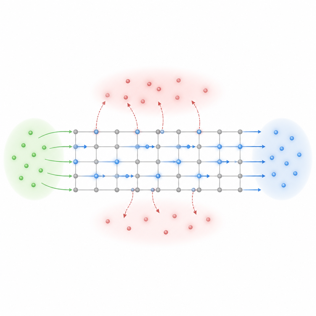 Figure 1. How particle loss and gain shape long-distance flow of particles across a quantum lattice