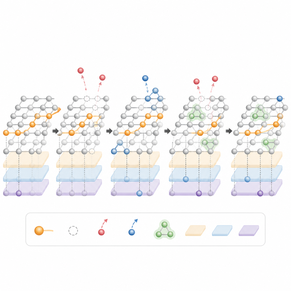 Figure 2. Step-by-step view of particles hopping while loss and protected states control how far they can travel