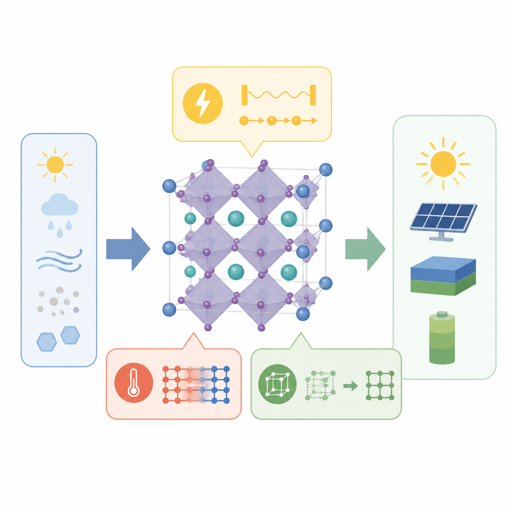 Figure 1. Come due distinti moti atomici all'interno dei perovskiti alogenuri plasmano le loro capacità di gestire luce e calore.