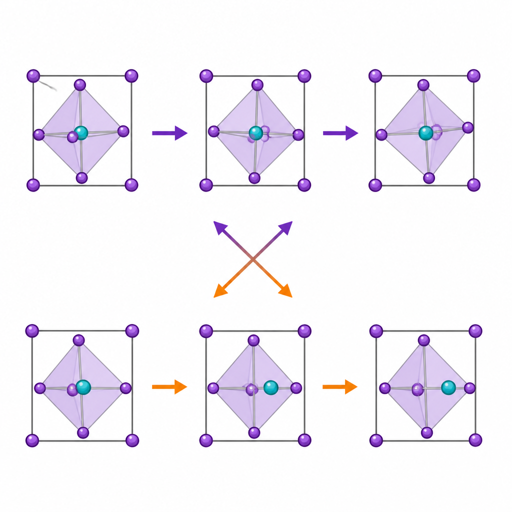 Figure 2. Visione passo dopo passo dell'inclinazione della gabbia e dello spostamento dell'atomo centrale come moti separati e in competizione in un cristallo.